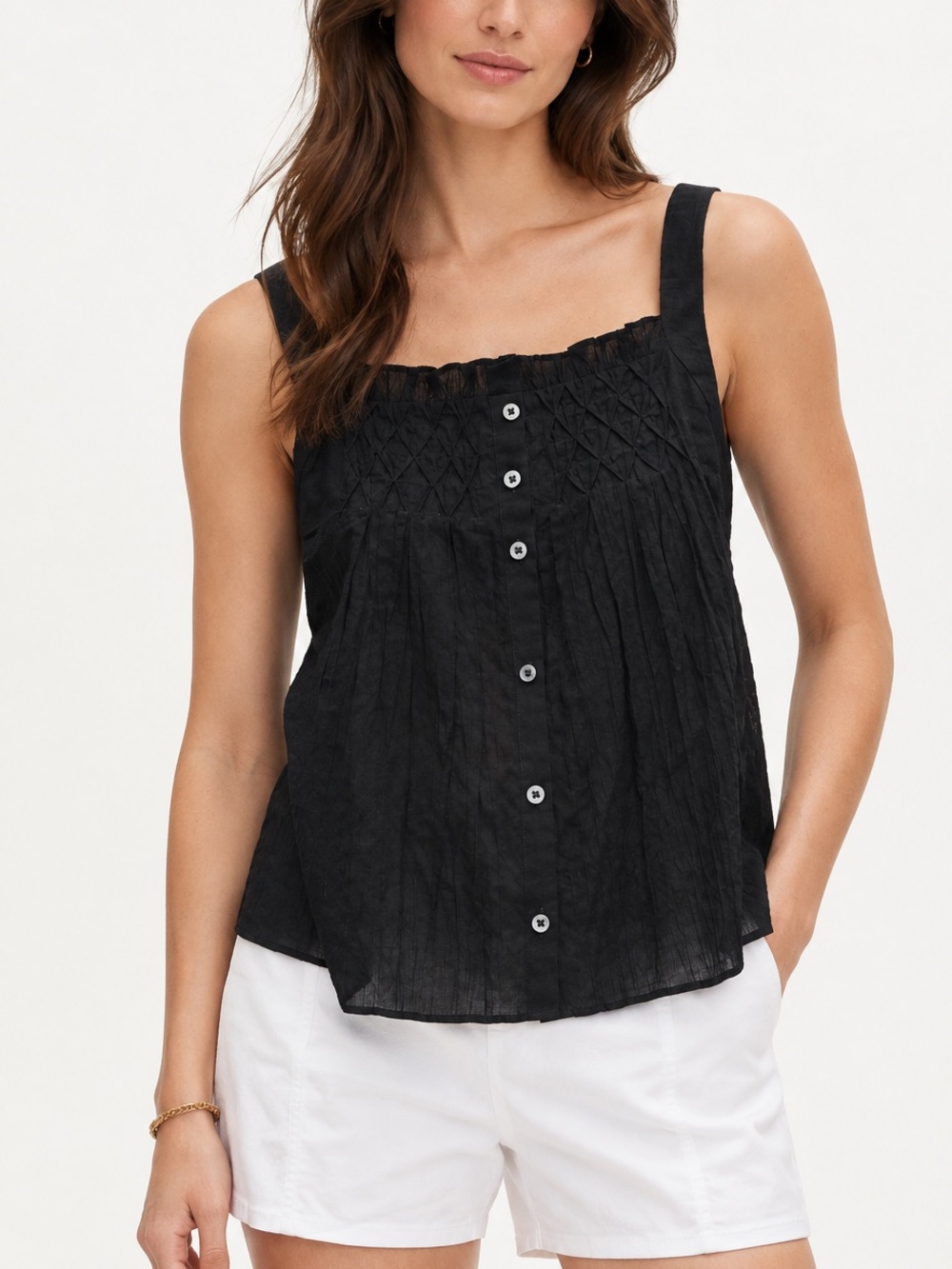 NWT J.Crew Smocked Crinkle Button Front Tank Top Black L